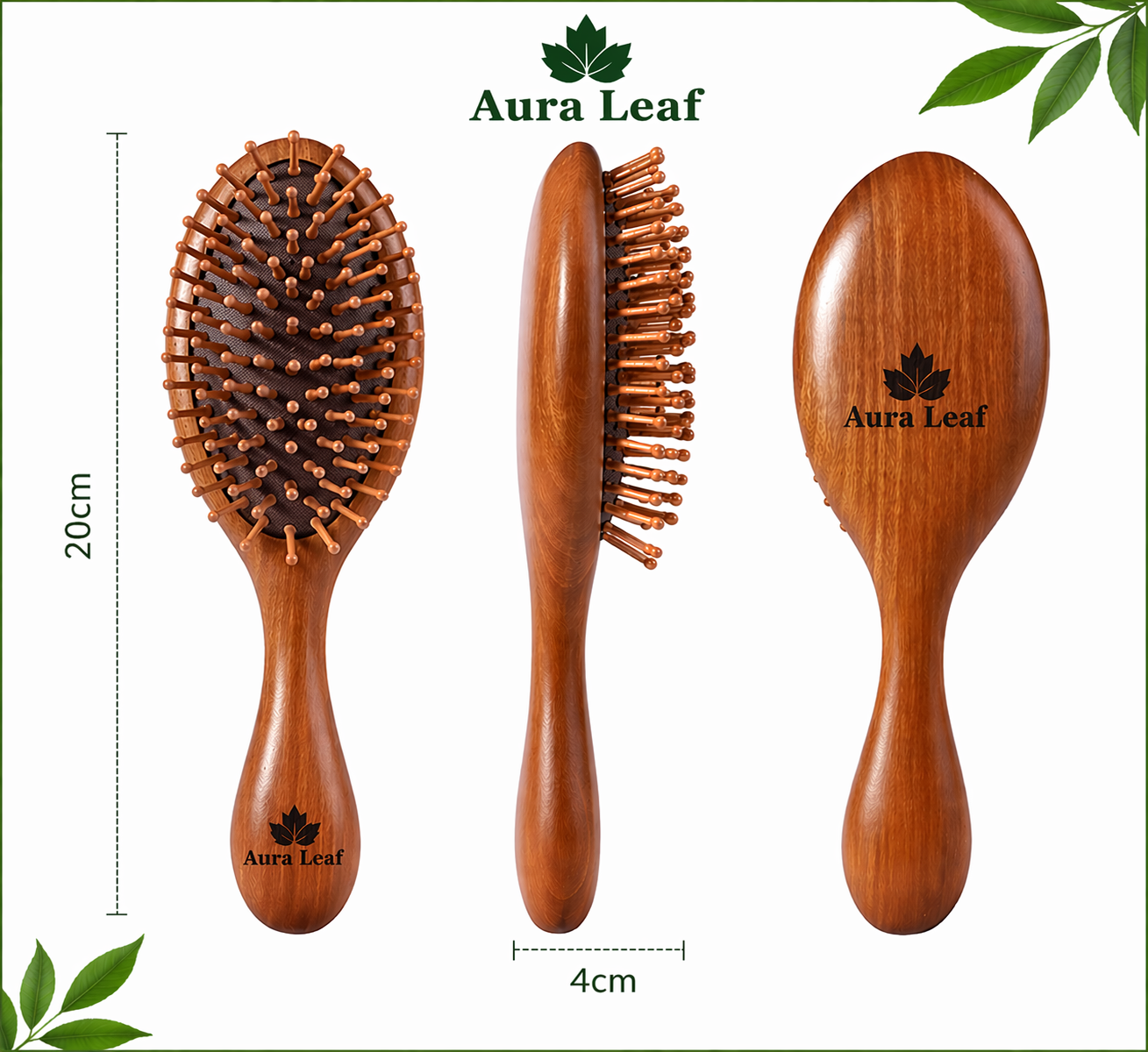 Aura Leaf Sandalwood Air Cushion Hair Brush – Natural Scalp Massage & Detangling Comb