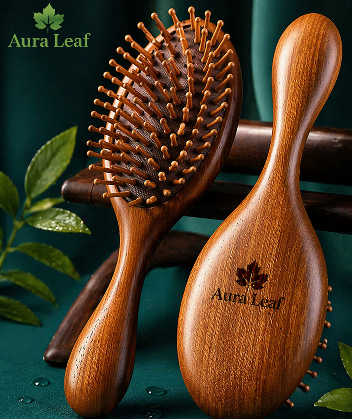 Aura Leaf Sandalwood Air Cushion Hair Brush – Natural Scalp Massage & Detangling Comb