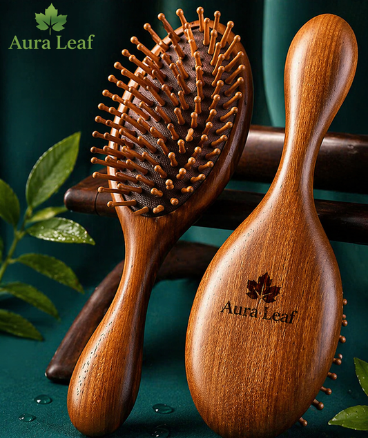 Aura Leaf Sandalwood Air Cushion Hair Brush – Natural Scalp Massage & Detangling Comb