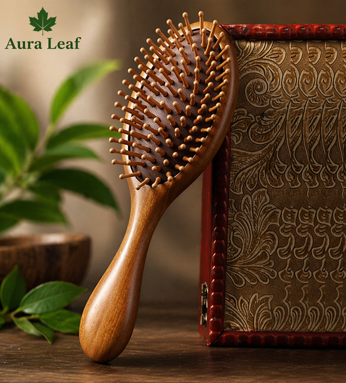 Aura Leaf Sandalwood Air Cushion Hair Brush – Natural Scalp Massage & Detangling Comb