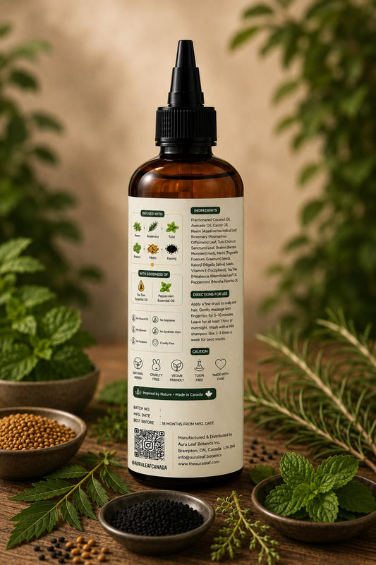 AuraLeaf Scalp Balance Oil – packaging box front and back