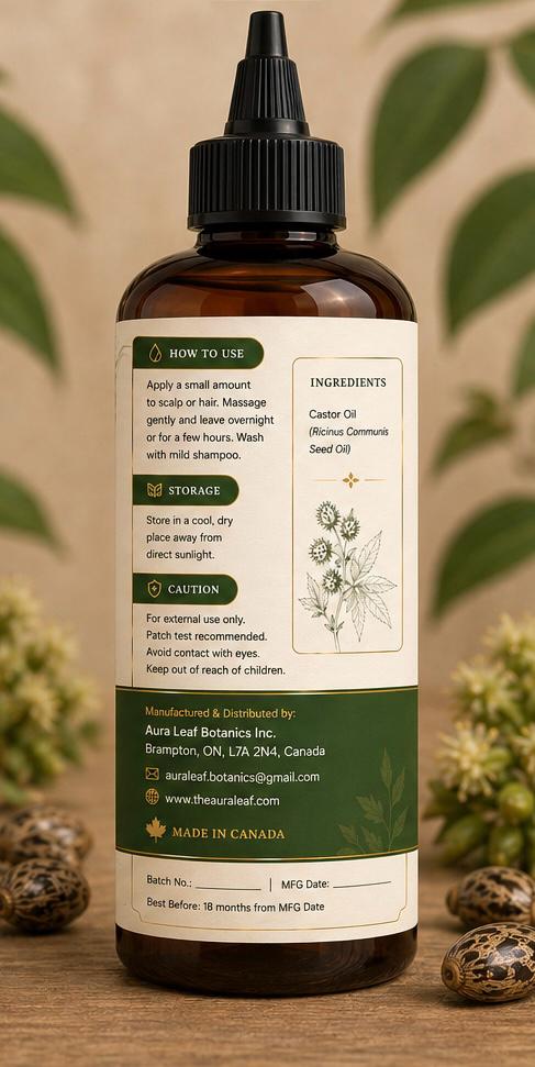 AuraLeaf Organic Castor Oil – packaging box unfolded showing all sides
